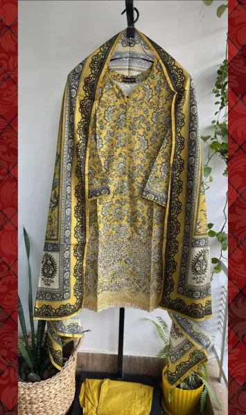 Pakistani Original Bin Saeed Cotton Chickankari Stitched 3Pcs_ Dark Yellow 